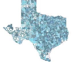 Texas state 5 digit zip code vector map, county outline
