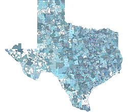 Texas state 5 digit zip code vector map, city & county name
