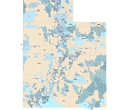 Utah state 5 digit zip code vector map, city & county name
