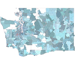 Washington state 5 digit zip code vector map, county outline
