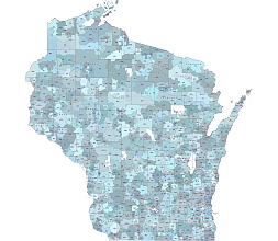 Wisconsin state 5 digit zip code vector map, city & county name
