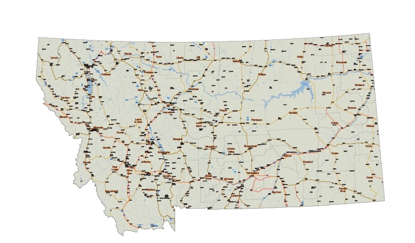 Montana road and towns vector map