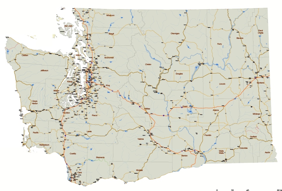 Washington state road and city map