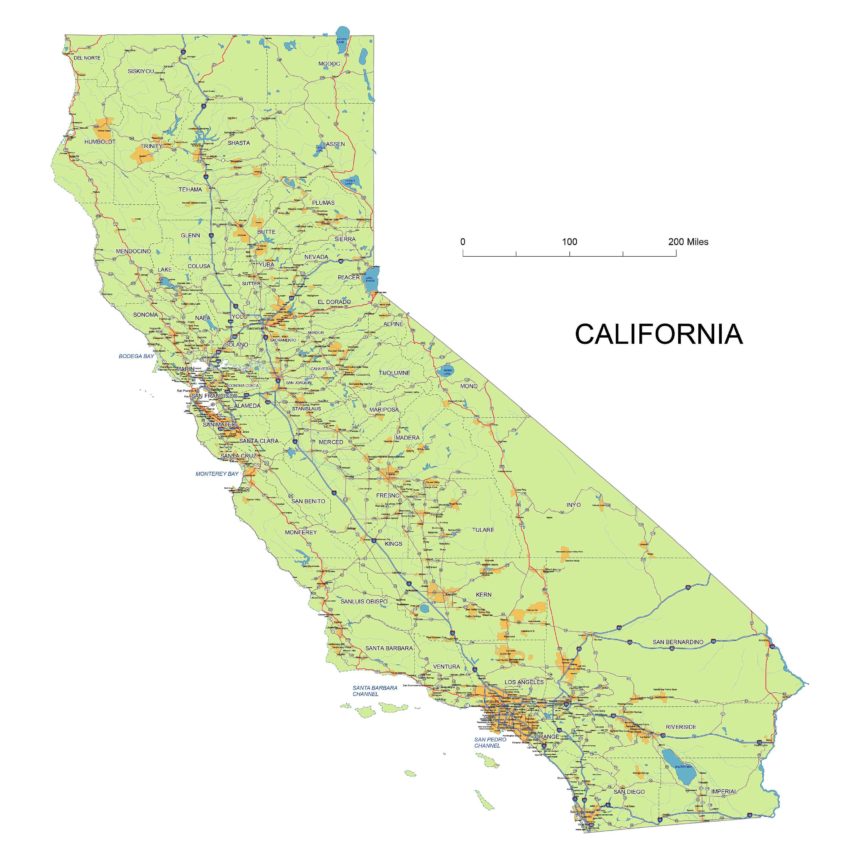 California roads and cities, water bodies, state/county/country boundaries, road lines, map symbols, map scale.