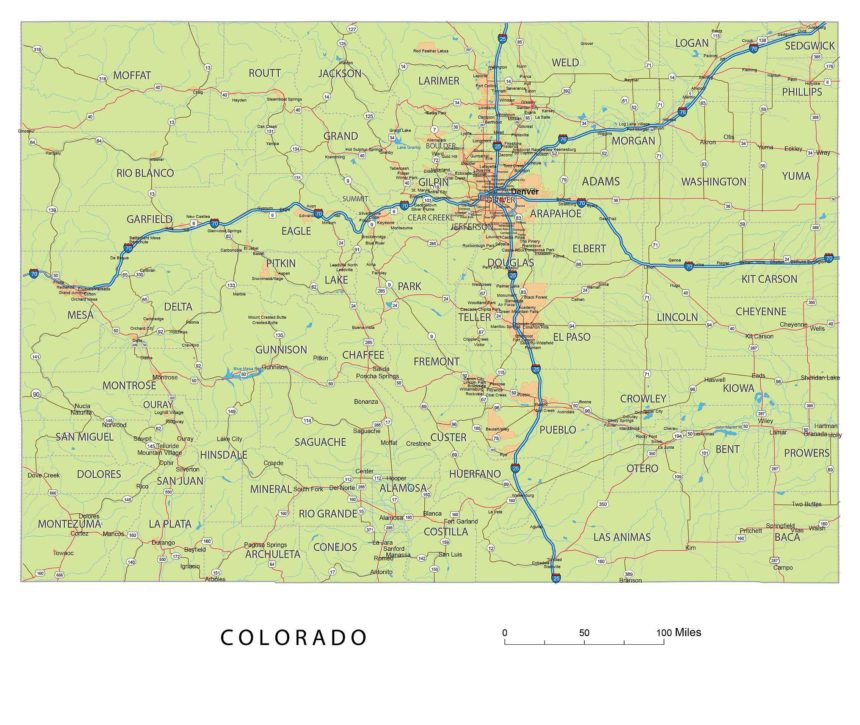 Colorado roads and cities, water bodies, state/county/country boundaries, road lines, map symbols, map scale.