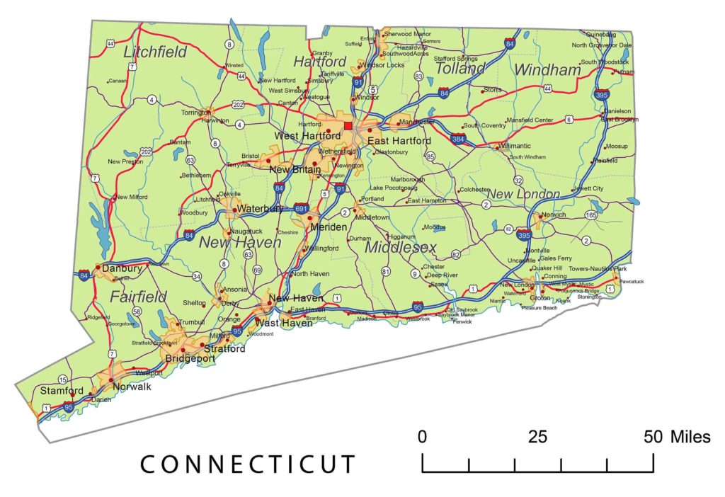 Preview of Connecticut State vector road map.  Printable vector maps