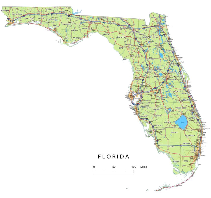 Florida  roads and cities, water bodies, state/county/country boundaries, road lines, map symbols, map scale.