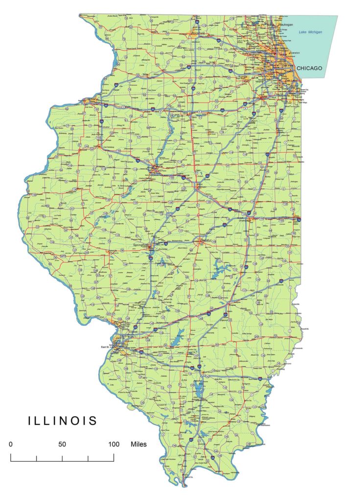 Illinois state vector roads map and cities, water bodies, state/county/country boundaries, road lines, map symbols, map scale.