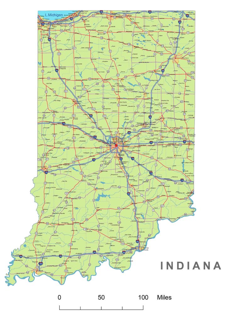 Indiana roads and cities, water bodies, state/county/country boundaries, road lines, map symbols, map scale.