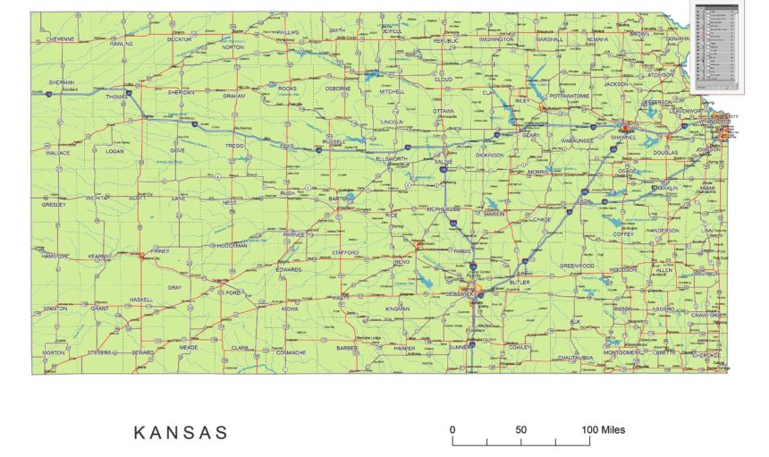 Kansas roads and cities, water bodies, state/county/country boundaries, road lines, map symbols, map scale.