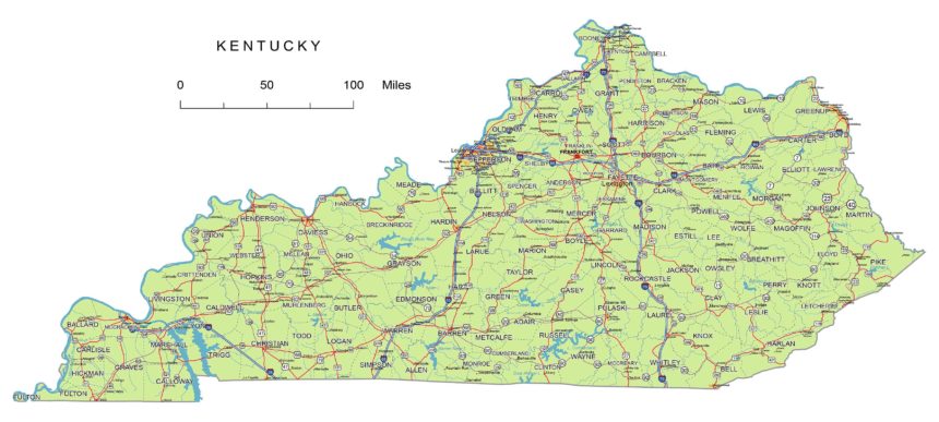 Kentucky state vector road map and cities, water bodies, state/county/country boundaries, road lines, map symbols, map scale.