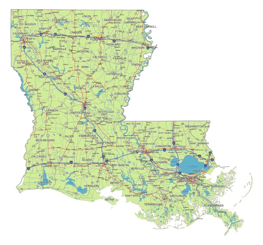 Louisiana roads and cities, water bodies, state/county/country boundaries, road lines, map symbols, map scale.