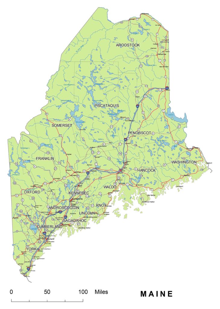 Maine roads and cities, water bodies, state/county/country boundaries, road lines, map symbols, map scale.