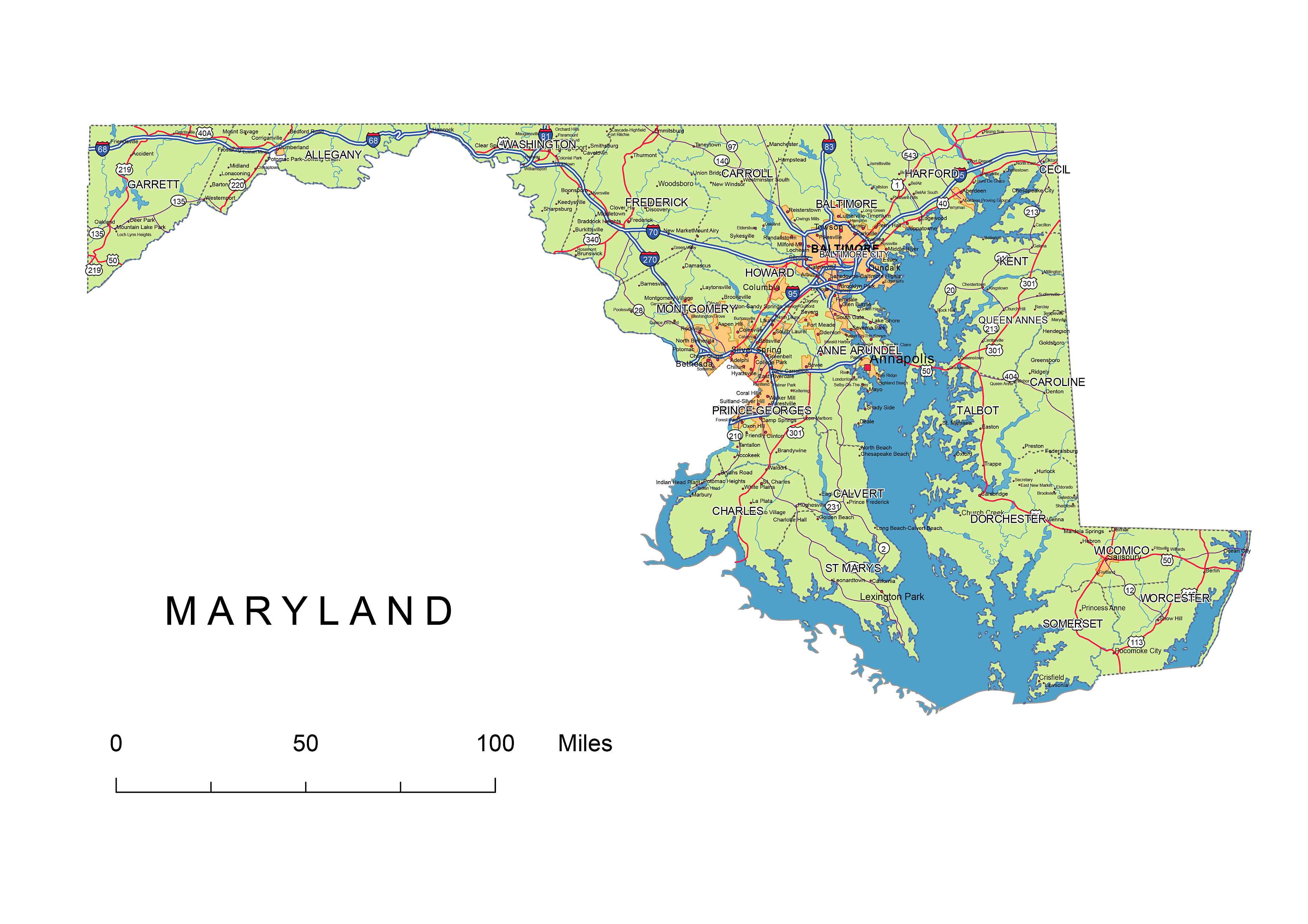 Maryland State vector road map.