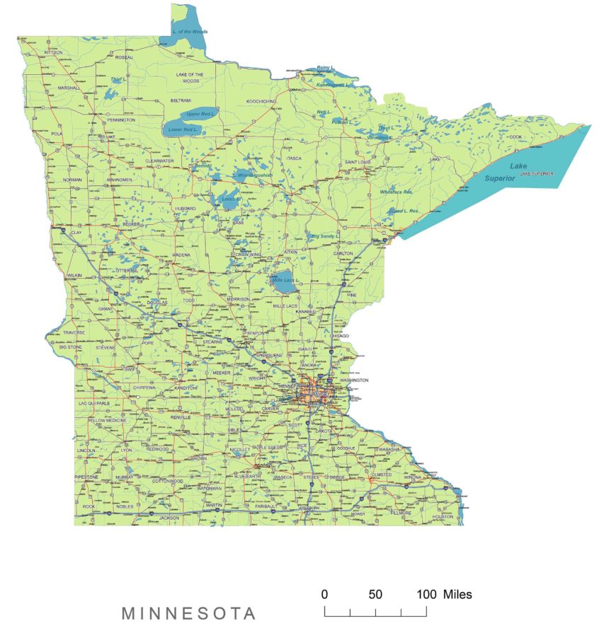 Minnesota main roads and cities, water bodies, state/county/country boundaries, road lines, map symbols, map scale
