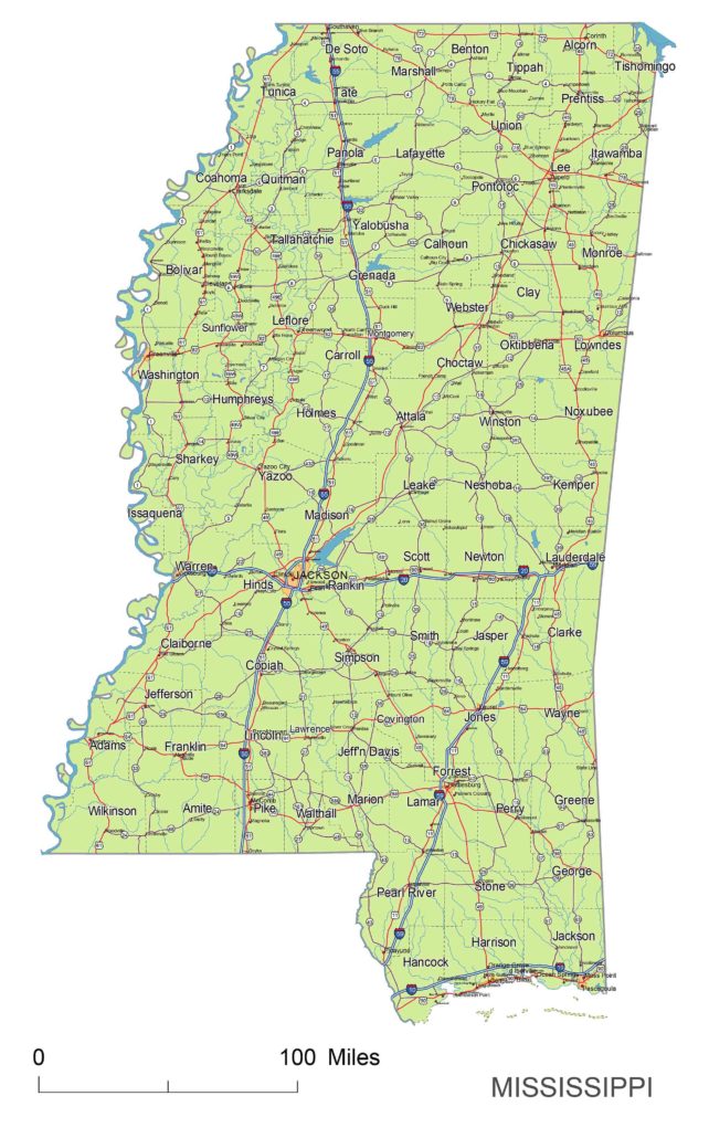 Mississippi main roads and cities, water bodies, state/county/country boundaries, road lines, map symbols, map scale.