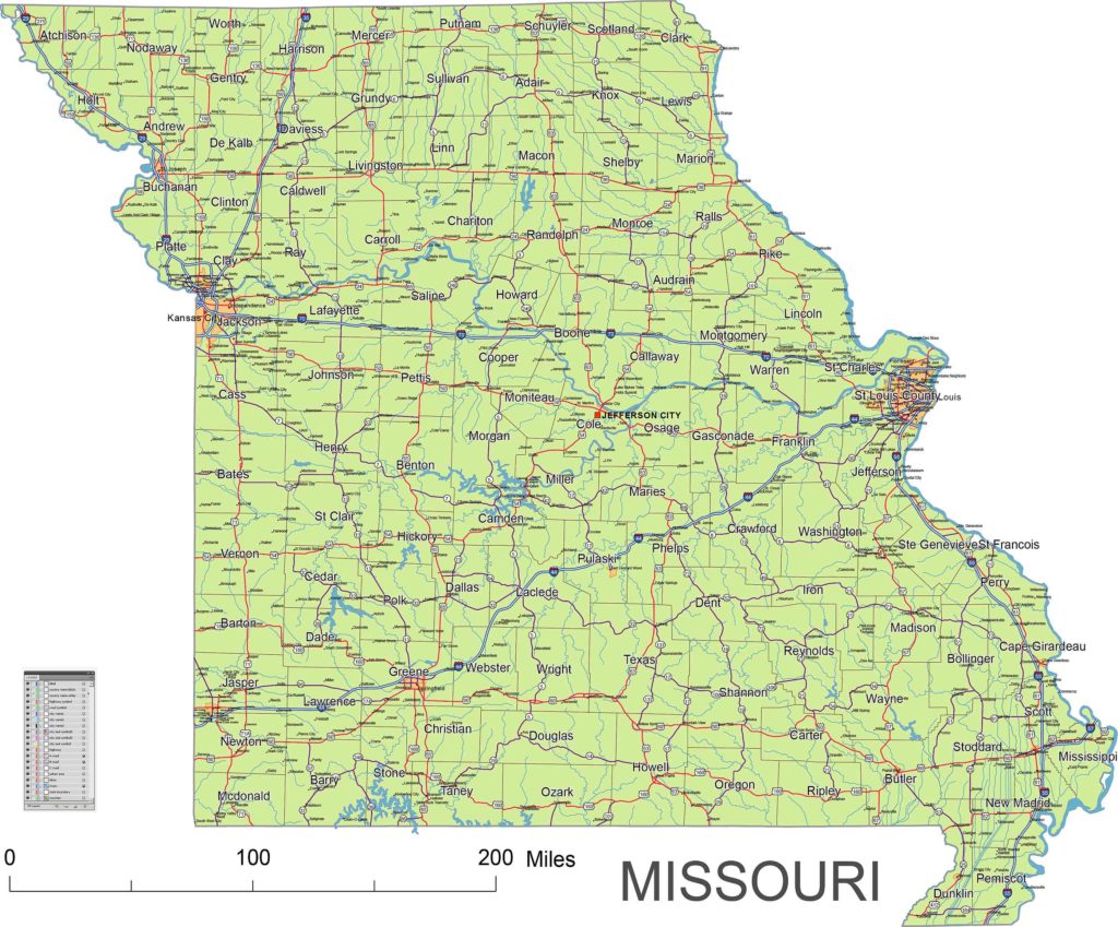 Preview of Missouri State vector road map. | Printable vector maps