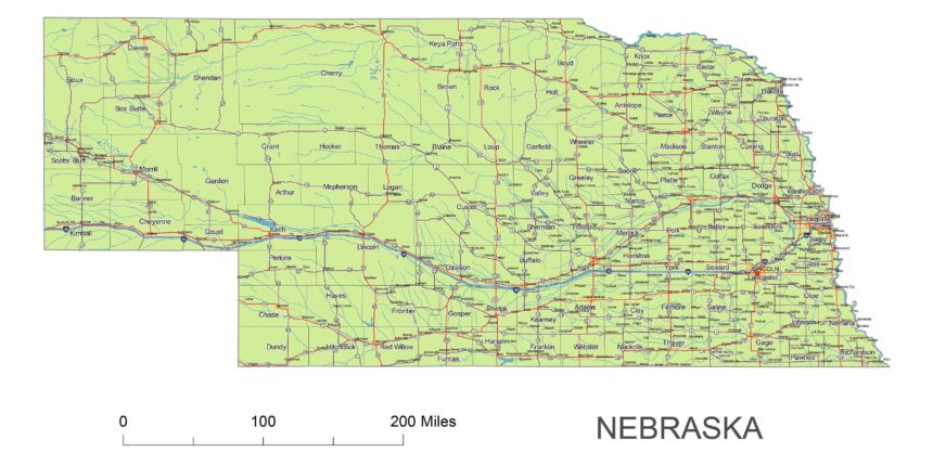 Nebraska main roads and cities, water bodies, state/county/country boundaries, road lines, map symbols, map scale.