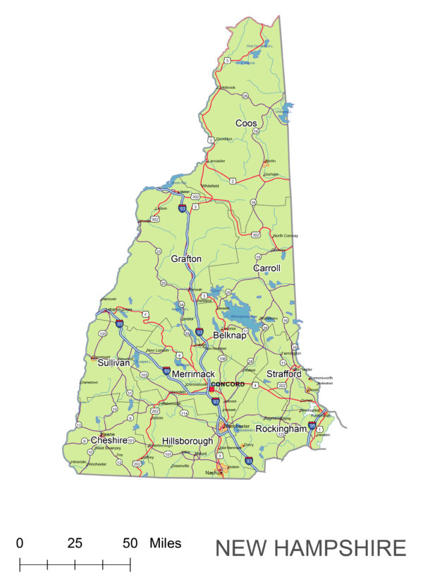 New Hampshire State vector road map. | Your-Vector-Maps.com