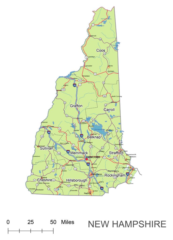 New Hampshire main roads and cities