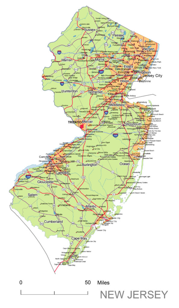 New Jersey State vector road map. | Printable vector maps