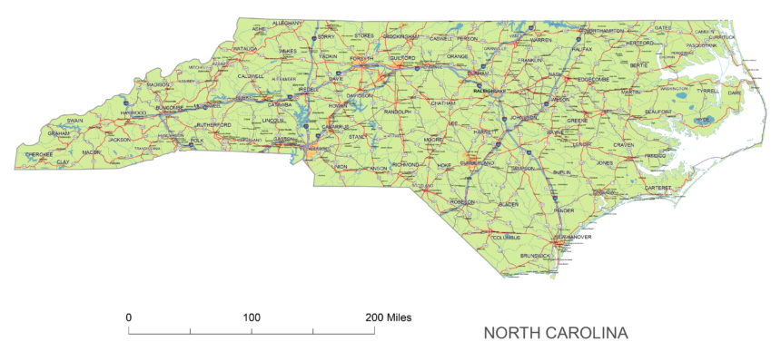North Carolina main roads and cities