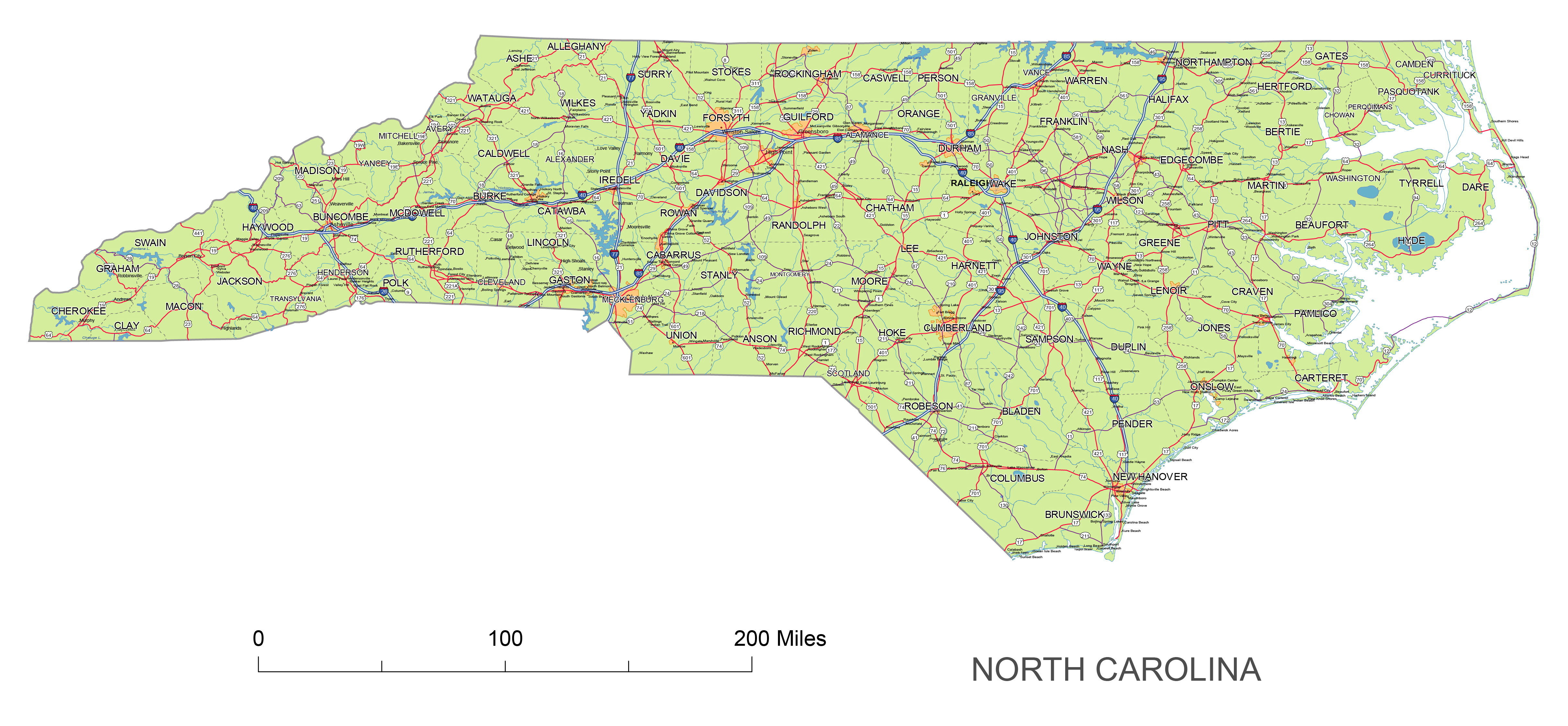 North Carolina State vector road map.A map of NC includes interstates
