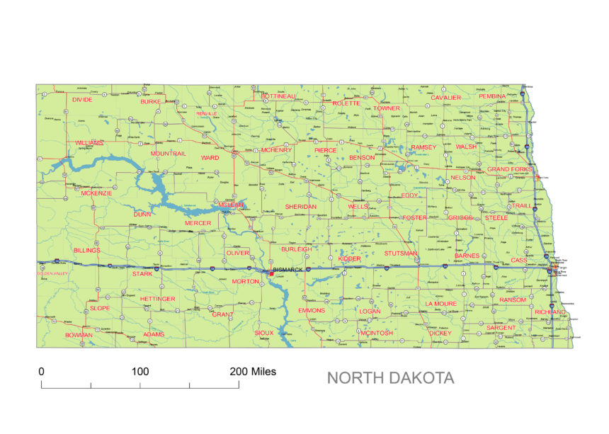 North Dakota main roads and cities