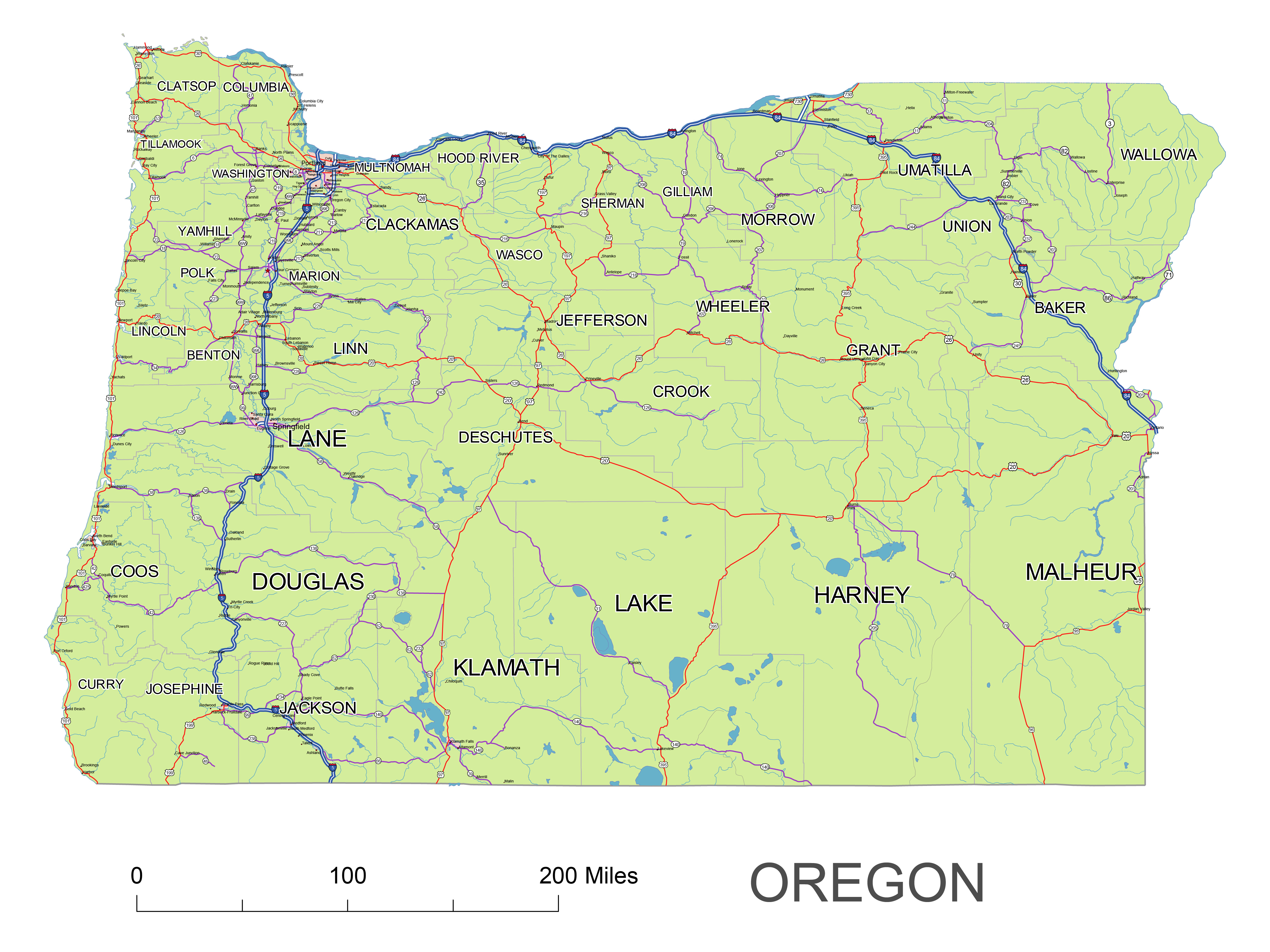 Oregon State vector road map. lossless scalable AI,PDF map for printing