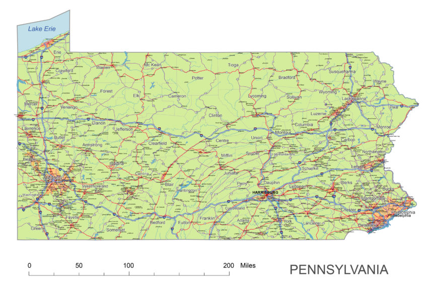 Pennsylvania main roads and cities