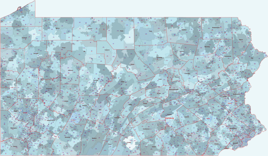 Pennsylvania zip code vector map with location name lossless scalable