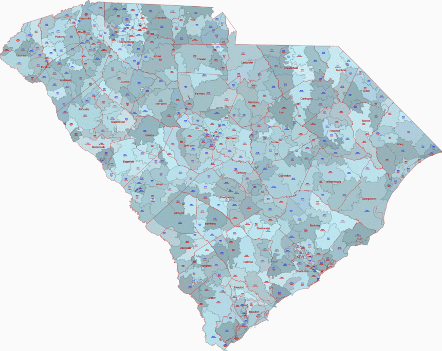 South Carolina zip code digital map, counties