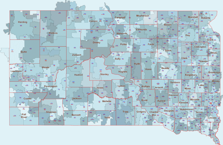 South Dakota 5 digit zip code and county map