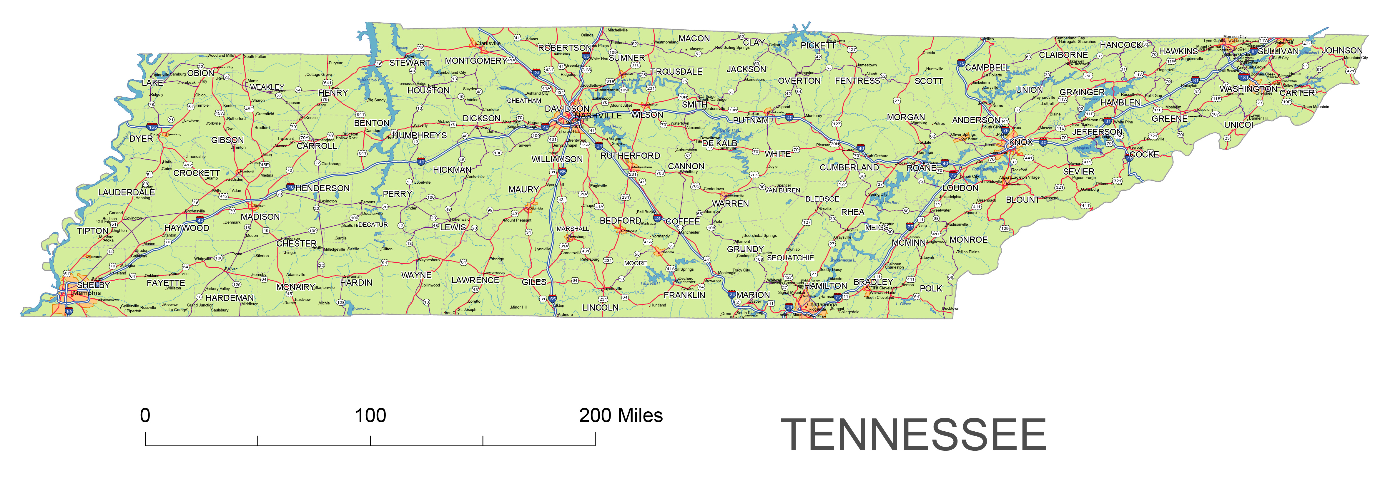 Tennessee State vector road map. lossless scalable AI,PDF map for