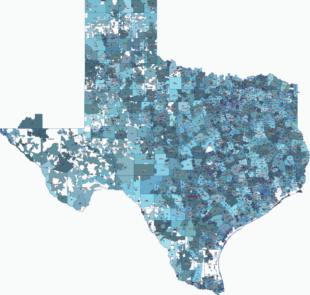 Texas Zip Code Map And Location Name Your Vector 8896
