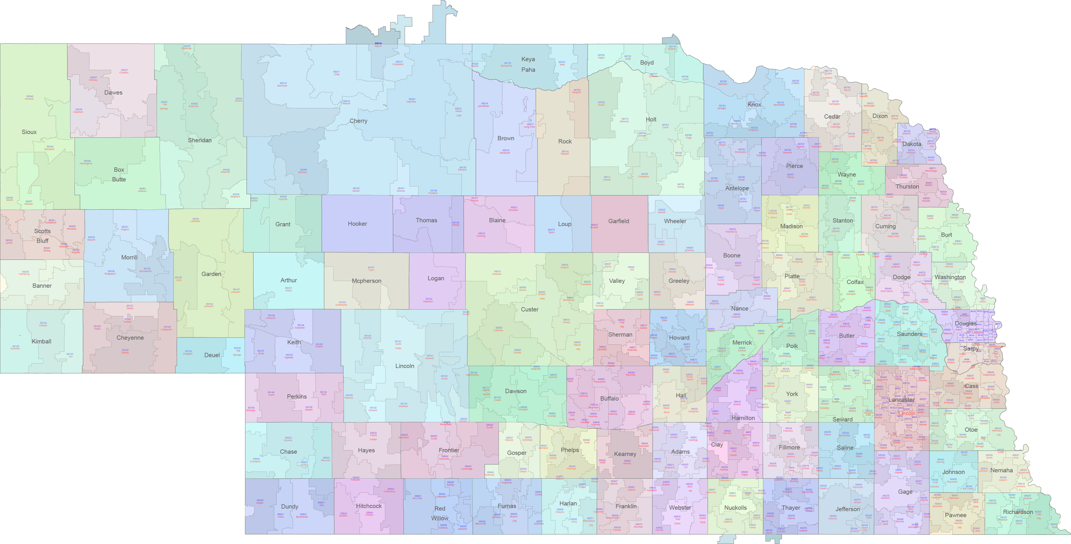 Nebraska 5 digit zip code map