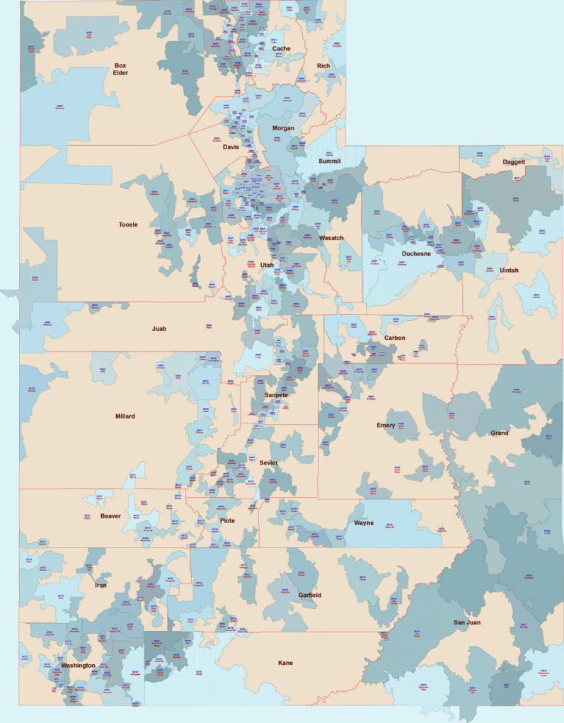 Utah county and zip code digital map