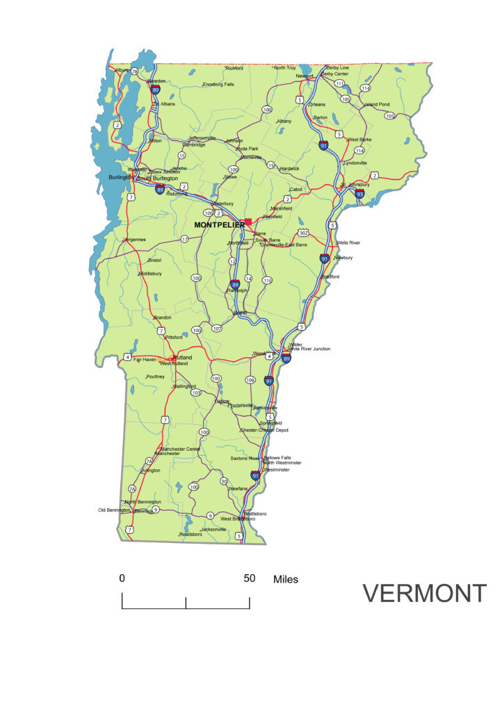 Vermont main roads and cities