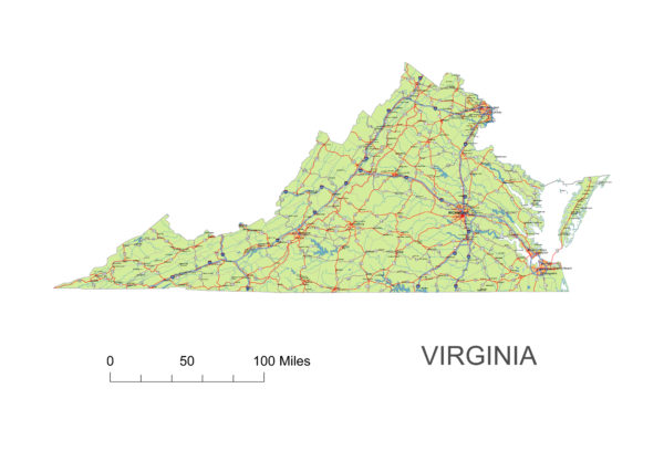 Virginia State vector road map. lossless scalable AI,PDF map for ...