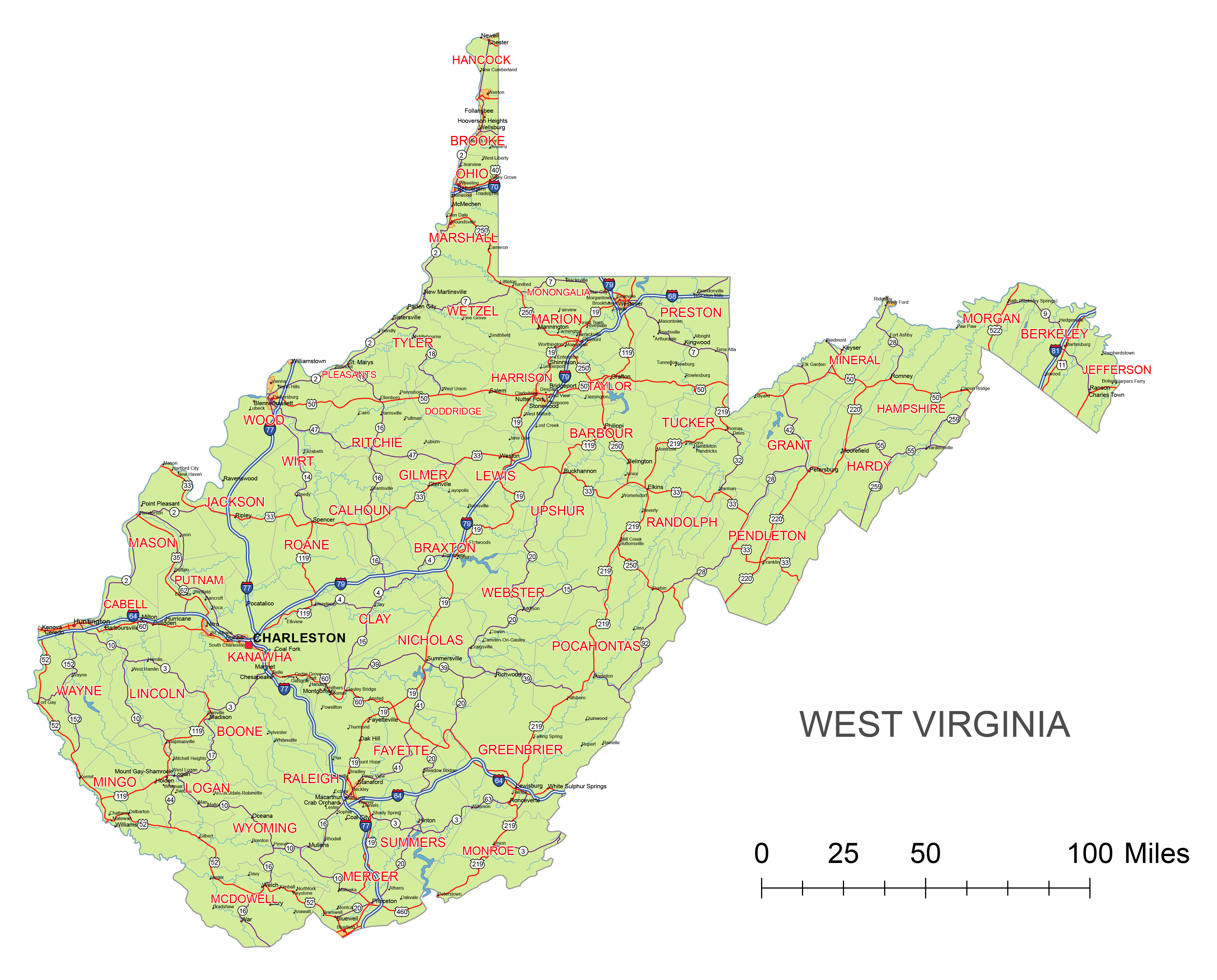 West Virginia vector road map.