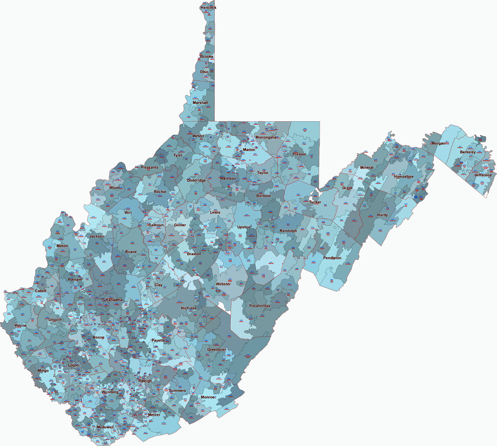 WestVirginia 5 digit zip code map & counties