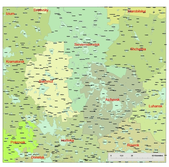 Your-Vector-Maps.com Ukraine Bakhmut, Alchevsk, Sievierodonetsk map
