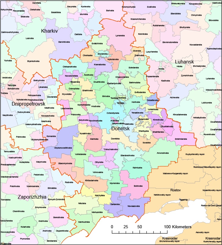 Donetsk region (oblast) third level administrative vector map