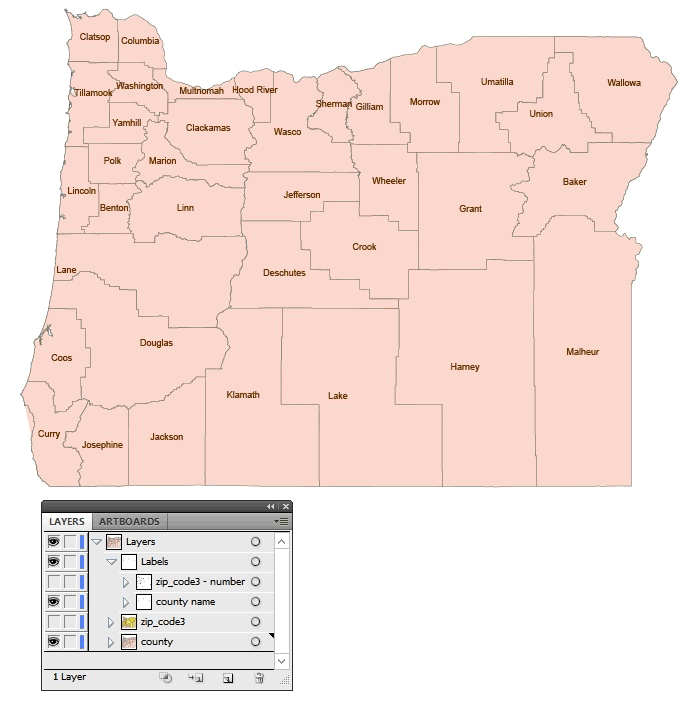 Oregon state 3 digit zip code vector map, county map