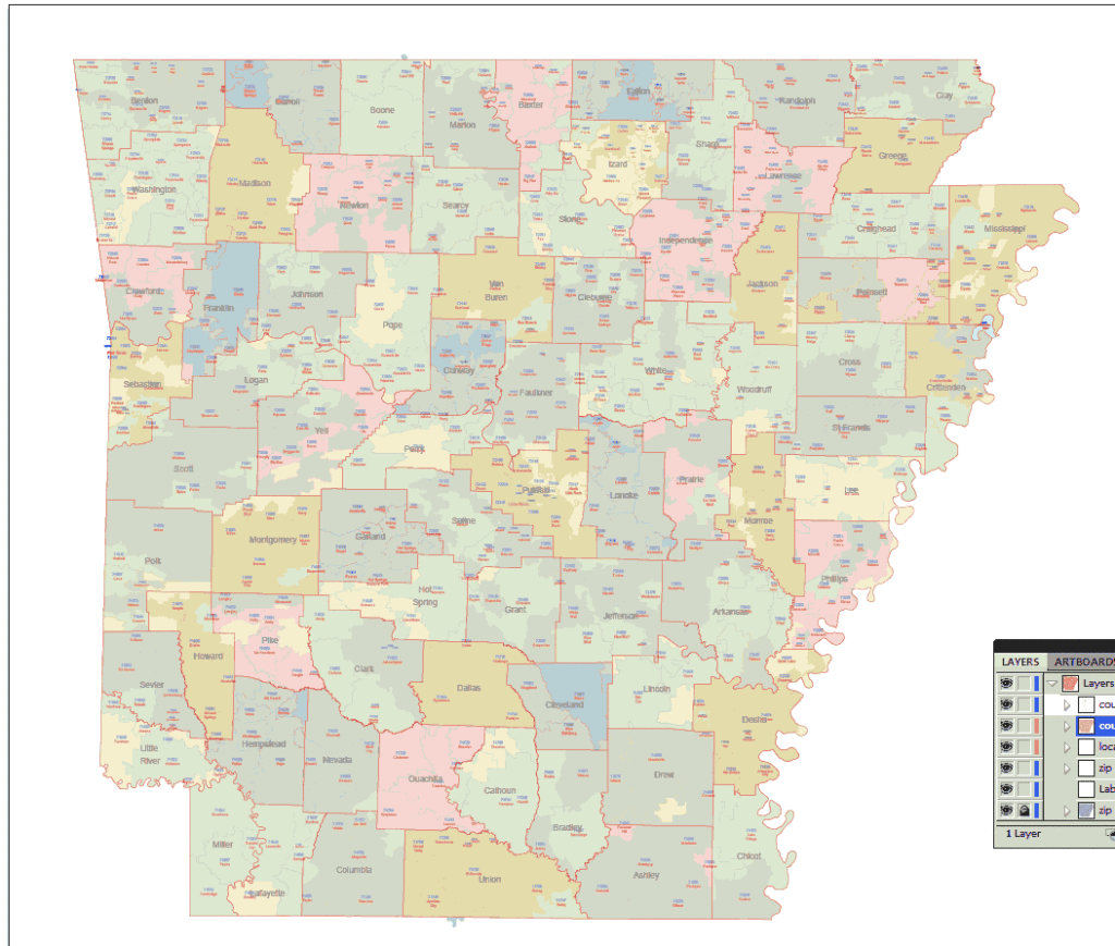 Arkansas digital zip code map. Location name | Your-Vector-Maps.com
