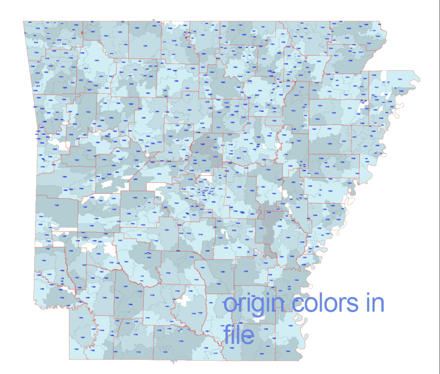 Arkansas 5 digit zip code map without city name