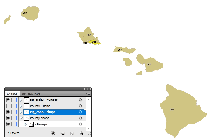 Hawaii 3 digit zip code and county vector map