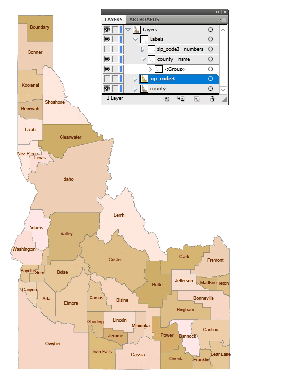 Idaho 3 digit zip code and county map