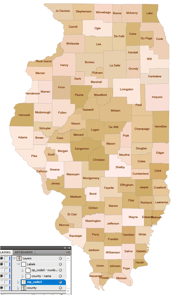 Illinois 3 digit zip code and county map.