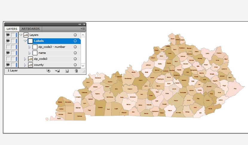 Kentucky state 3 digit zip code & county map
